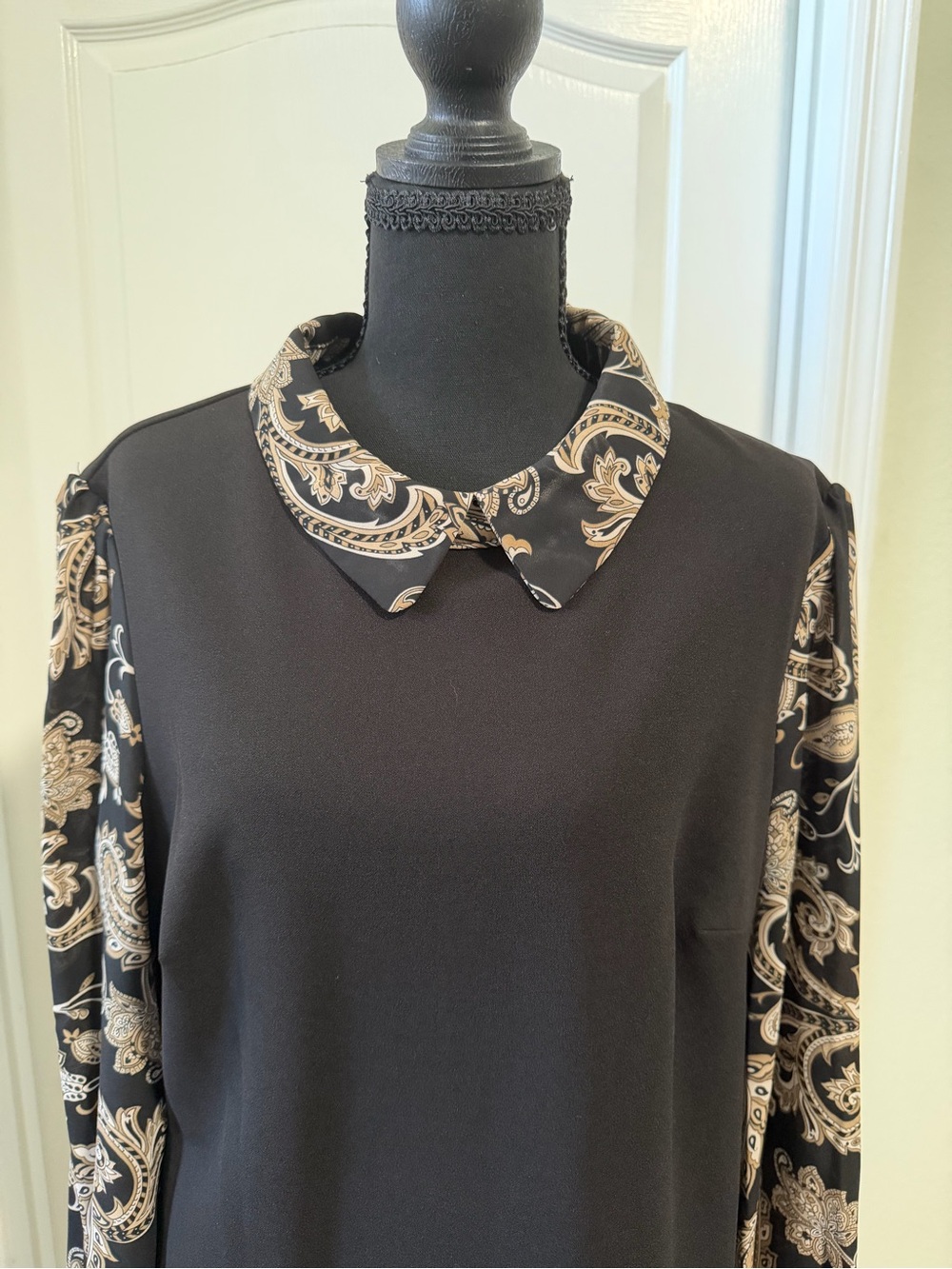 Tommy Hilfiger Black Top with Paisley Print on Collar and Sleeves